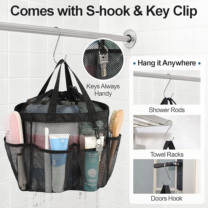 F-color Mesh Shower Caddy Portable with Drawstring - Upgrade Deeper 7 Pockets Dorm Room Essentials for Guys Girls with S Hook, Shower Bag Basket Tote for College Camping Gym Toiletry Bathroom, Black