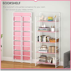 4NM No Assembly 5 Tiers Folding Bookshelf Storage Shelves Vintage Bookcase Standing Racks Study Organizer Home Office (Pink White)
