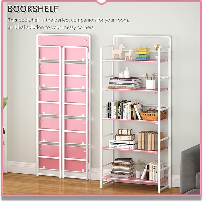 4NM No Assembly 5 Tiers Folding Bookshelf Storage Shelves Vintage Bookcase Standing Racks Study Organizer Home Office (Pink White)