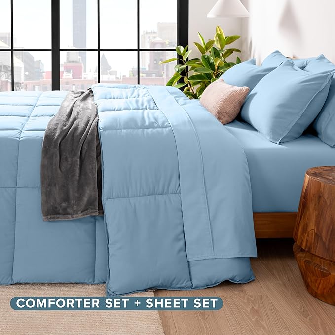 Bare Home Bed-in-A-Bag 5 Piece Comforter & Sheet Set - Twin - Goose Down Alternative - Ultra-Soft 1800 Premium Bed Set (Twin, Light Blue/Light Blue)