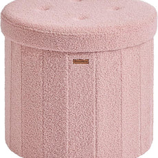 SONGMICS Mazie Collection - Round Storage Ottoman, Folding Footrest Stool with Removable Lid, Easy Assembly, Teddy Fleece Vanity Stool for Bedroom, Living Room, Entryway, Jelly Pink ULSF606R01
