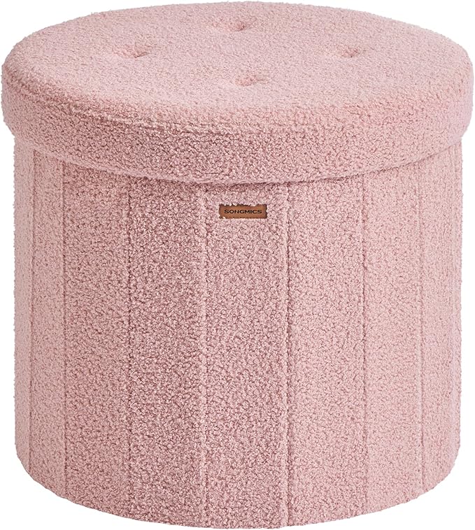 SONGMICS Mazie Collection - Round Storage Ottoman, Folding Footrest Stool with Removable Lid, Easy Assembly, Teddy Fleece Vanity Stool for Bedroom, Living Room, Entryway, Jelly Pink ULSF606R01