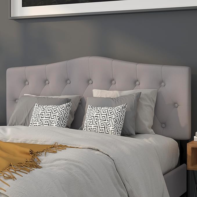 EMMA + OLIVER Arched Button Tufted Queen Size Headboard in Light Gray Fabric