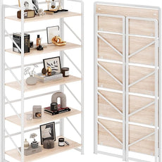 JSB Folding Bookshelf,Industrial Storage Shelves, No Assembly Vintage Wood Look Bookshelf with Storage Shelves for Living Room, Bedroom, Office (White, 5-Tier)