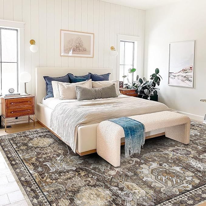 RUGSURE Washable Area Rugs - Perfect for Living Room, Bedroom, Kids Room, Nursery - Stain & Water Resistant Non-Slip, Pet & Child Friendly, Vintage Tribal Area Rugs (Ivory, 5' x 7')