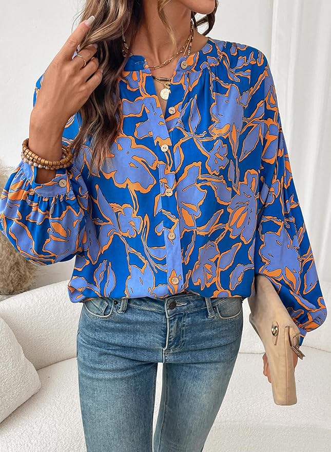 Astylish Womens 2026 Boho Floral Loose Spring Summer Tops Lantern Sleeve Flowy Blouses V Neck Button Down Shirts