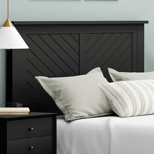 Serene Poplar Wood Full Size Headboard in Black, Modern Farmhouse Panel with Chevron Scoring, Casual Coastal Style, Easy Assembly, Quality Materials