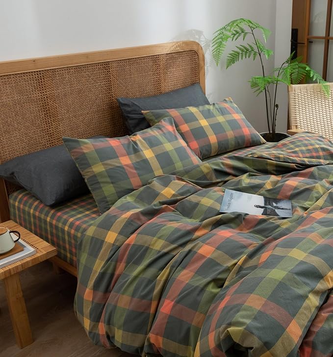 VM VOUGEMARKET Washed Cotton Bedding Set King Colorful Plaid Duvet Cover Set 3 Pieces Orange Grey Green Grid Duvet Cover with Zipper Ties for Men Women-104x90 Inch