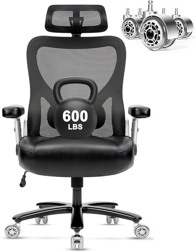 Super Big and Tall Office Chair 600lbs- Heavy Duty Executive Computer Chair with Rubber Wheels 3D Flip Arms, Ergonomic Mesh High Back Desk Chair, Extra Wide Seat Adjustable Lumbar Support&Headrest