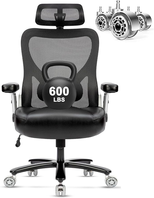 Super Big and Tall Office Chair 600lbs- Heavy Duty Executive Computer Chair with Rubber Wheels 3D Flip Arms, Ergonomic Mesh High Back Desk Chair, Extra Wide Seat Adjustable Lumbar Support&Headrest