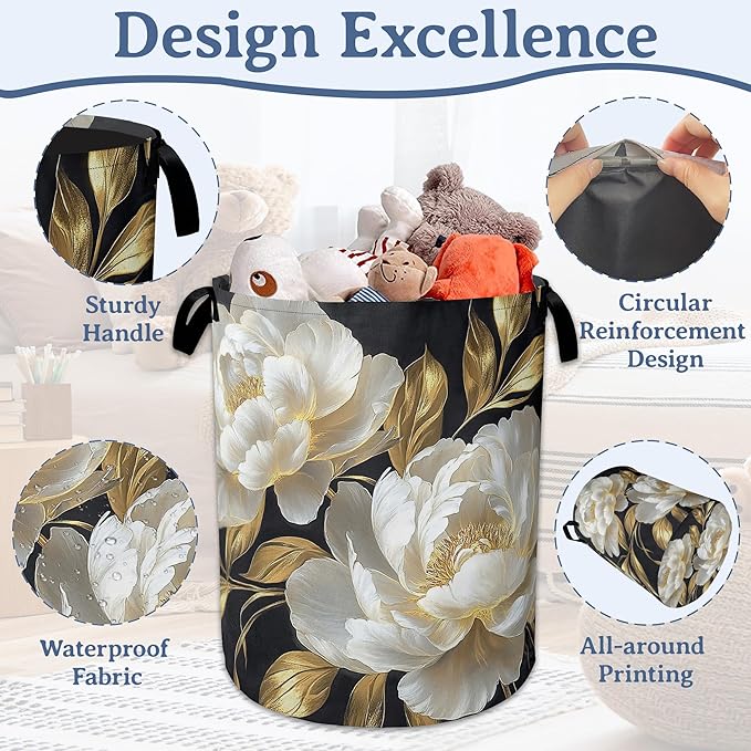 White Flowers Laundry Hamper With Handle,Foldable Oxford Cloth Glitter Blooming Laundry Basket,20.8"x16" Clothes Storage Basket for Laundry Room/Bedroom/Bathroom