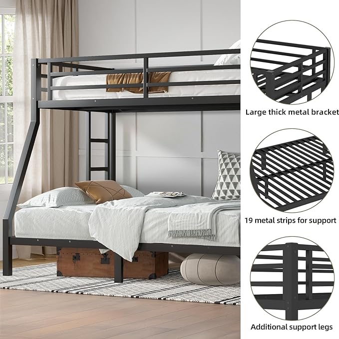 Twin Over Full Bunk Bed, Metal Bunk Bed Frame Heavy Duty Bunk Beds Loft Bed Frame with Ladder and Guardrail Metal Slats No Box Spring Required for Adults Teens, Black