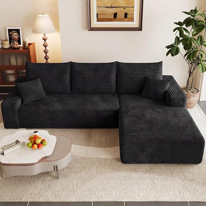 95" Modular Sectional Couch, Boneless L Shaped Cloud Sofa with Chaise Lounge, Corduroy Upholstered Couches Memory Foam Deep Seat, No Assembly Required, Ideal for Living Room(Black, Right Facing)