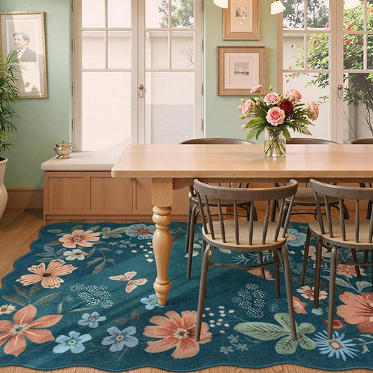 Lahome Floral Washable Rugs 8x10, Non-Slip Soft 8x10 Rugs for Living Room Bedroom, Ultra-Thin Stain Resistant Easy Clean Boho Blue Accent Carpet for Dining Room Office(8x10ft,Navy Blue)