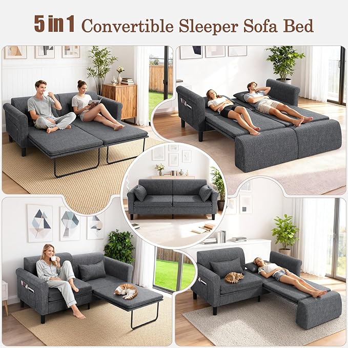 SEJOV 74" Convertible Sofa Bed, 5-in-1 Loveseat Sleeper Sofas with Pull Out Couch Bed, Storage Pockets & 2 Pillows, Modern Folding Linen Futon Couch for Living Room, Bedroom, Small Space, Dark Gray