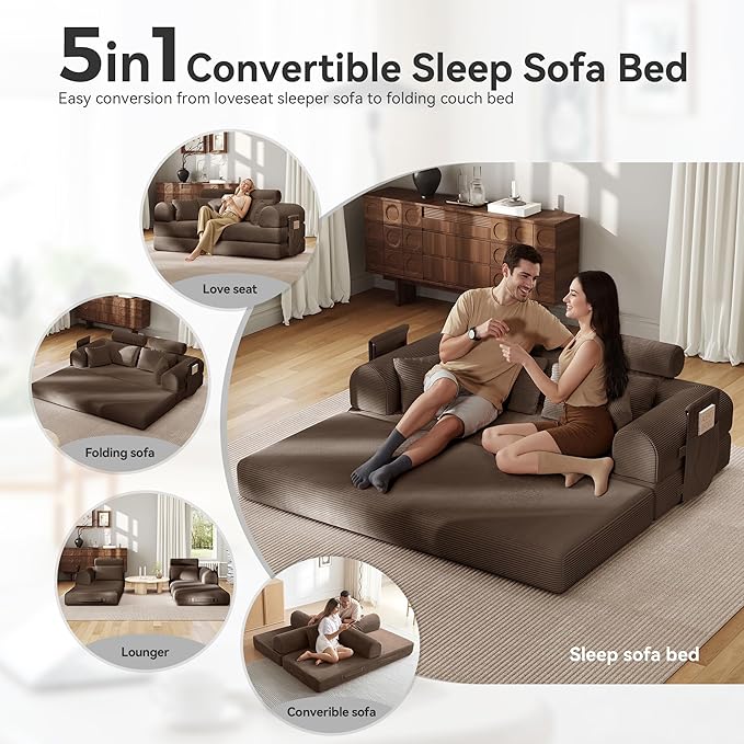 Upgrade High Backrest Design Sofa Bed with Fixed-Shape Frame & Removable Armrests and Backrest, Corduroy Fabric, Convertible Mattress Couch for Small Spaces - No Assembly Neede (High Backrest Brown)