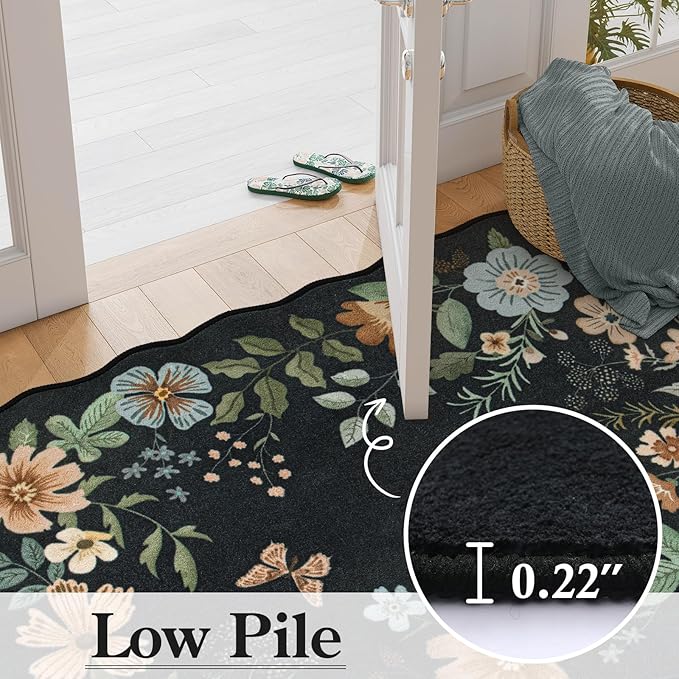 Lahome Floral Entryway Rug, 2x4 Washable Kitchen Rug Ultra-Thin, Non-Slip Soft Door Mat Indoor Entrance Stain Resistant Boho Small Low-Pile Throw Carpet for Bathroom Bedroom(2x4ft,Black/Grey)