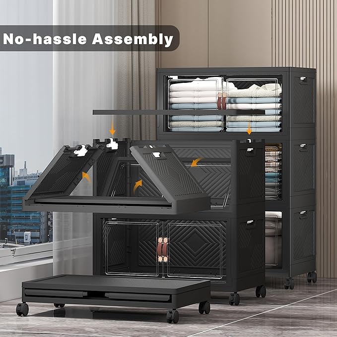 Extra Large Stackable Storage Bins with Lids & Wheels & Door, 336QT-112QT/28GAL*3Pack Foldable Collapsible Closet Organizers, Plastic containers drawers for bedroom Dorm