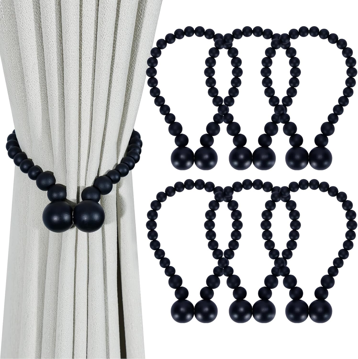 KLOGTSIND Magnetic Curtain Tiebacks, Curtain Tie Backs for Curtains 4 Pack, Wood Bead Curtain Tiebacks, Curtain Holders for Boho Bedroom Decor, Baby Nursery Decor, Farmhouse Decor Dormly