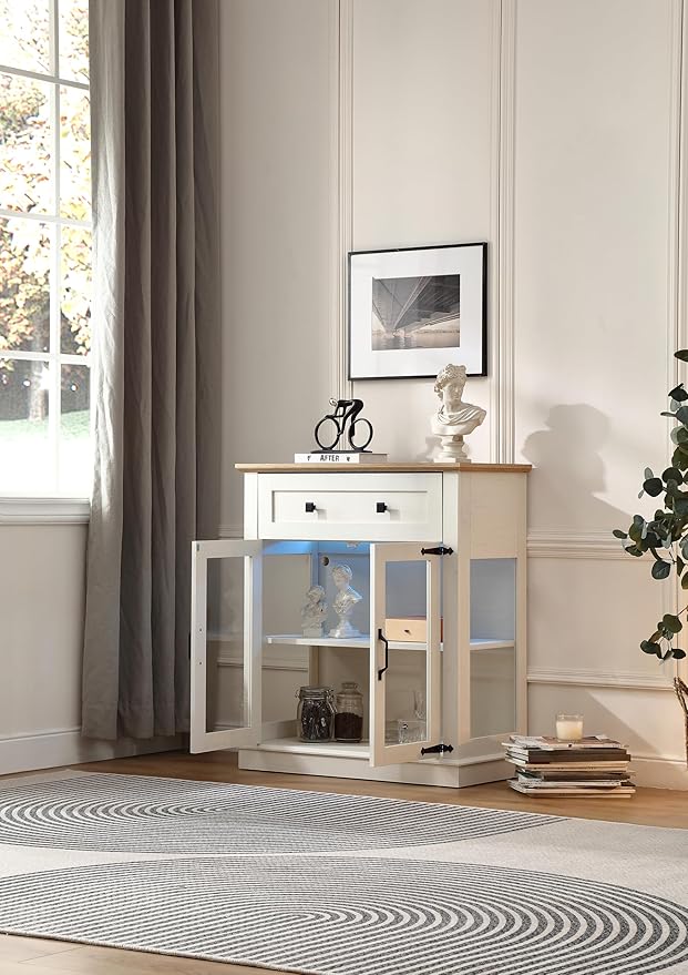 Modern 31.5'' Small Sideboard Buffet Cabinet with Storage,Small Coffee bar Cabinet with a Drawer and Adjustable Shelf,Glass Doors Sideboard Buffet with LED for Kitchen,Antique White