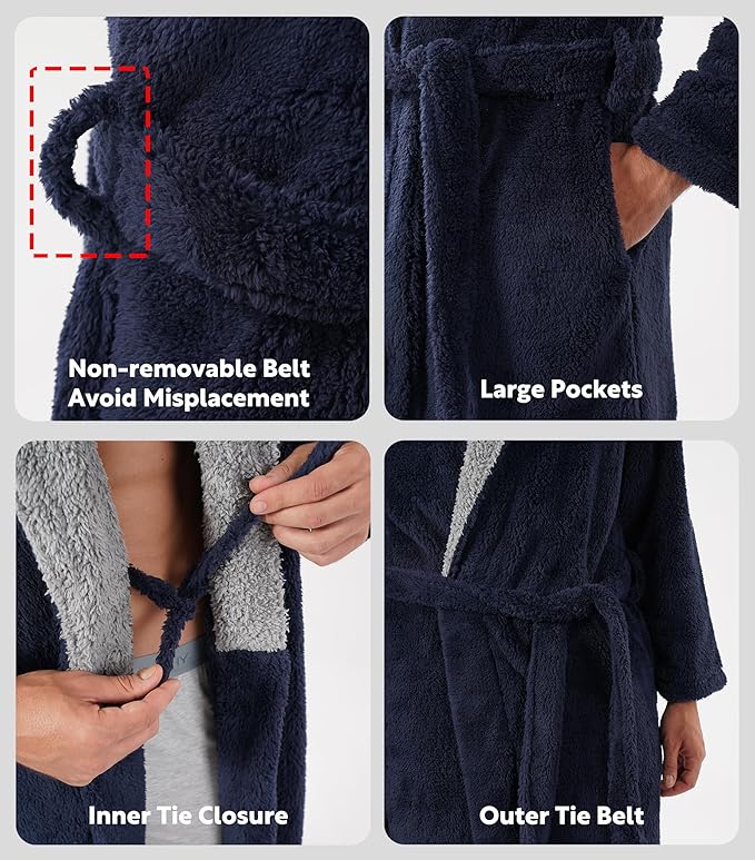 DAVID ARCHY Men's Hooded Robe Soft Coral Fleece Microfiber Bathrobe