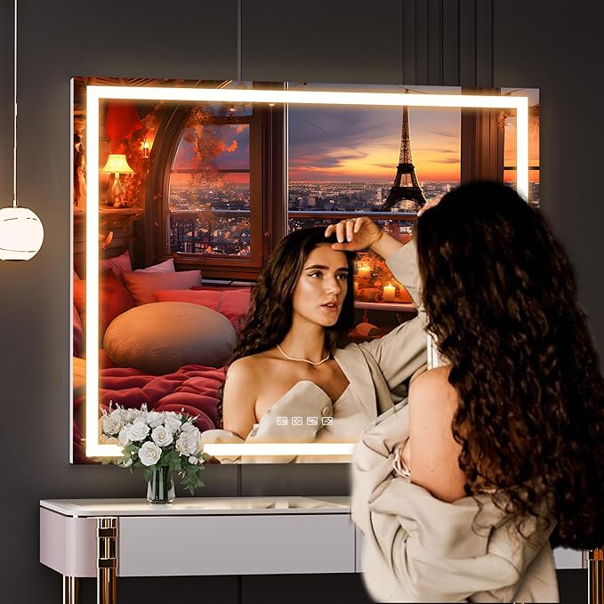 Hasipu Vanity Mirror with Lights and Bluetooth Speaker, 40" x 29.5" LED Makeup Mirror, Lighted Makeup Mirror with Dimmable 3 Modes, USB Charging Port, Square White
