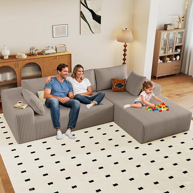 96" Modular Sectional Couch, Boneless L Shaped Cloud Sofa with Chaise Lounge, Corduroy Upholstered Couches Memory Foam Deep Seat, No Assembly Required, Ideal for Living Room(Camel, Right Facing)