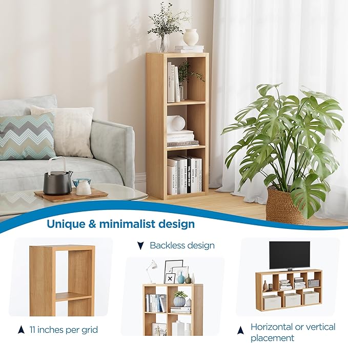 3 Cube Storage Organizer Single Row, Cube Shelf with Heavy-Duty Thick Boards, 13.31"L x 9.37"W x 36.93"H, Smooth Easy-Clean Panels, Simple Assembly, for Living Room Bedroom Office, Natural-Oak