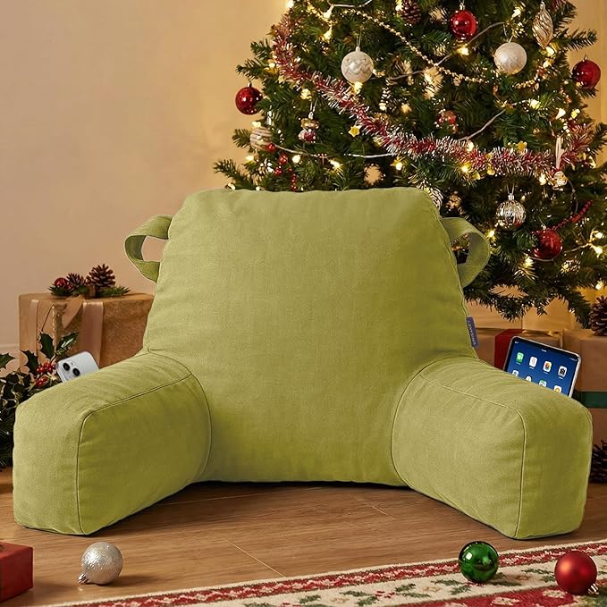Portable Comfy Reading Pillows for Bed Sitting Up(Pale Green Oeko-Tex), Velvet Back Pillow with Arms & Pockets for Adults, Support Memory Foam Bed Pillow for Dorm/Reading/Watching/Gaming