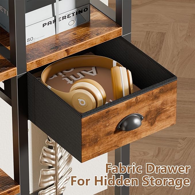 Furologee 6 Tier Bookshelf with USB Ports and Power Outlet, Book Shelf with Charging Station, Bookcase with Drawer, Storage Shelves for Bedroom, Home Office, Living Room, Bathroom, Rustic Brown