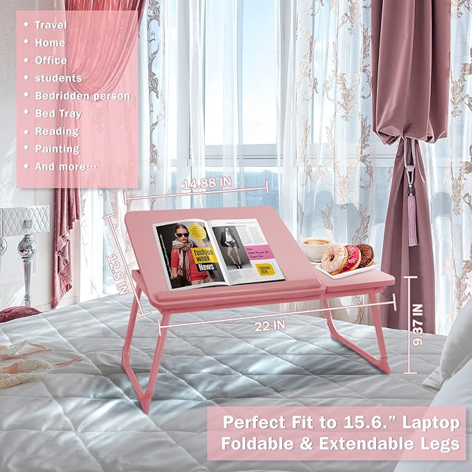 Laptop Desk for Bed Couch, Portable Lap Desk for Laptops, Bed Table for Laptops, Foldable Laptop Stand for Beds, Bed Desk for Writing (Candy Pink)