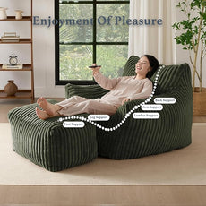 Oversized Bean Bag Chaise Lounge Chair Indoor for Adults with Armrests & Ottoman - Giant Comfy Green Beanbag Lazy Floor Sofa Cloud Accent Chair for Reading, Gaming, Cozy Plush Cloud Mini Couch