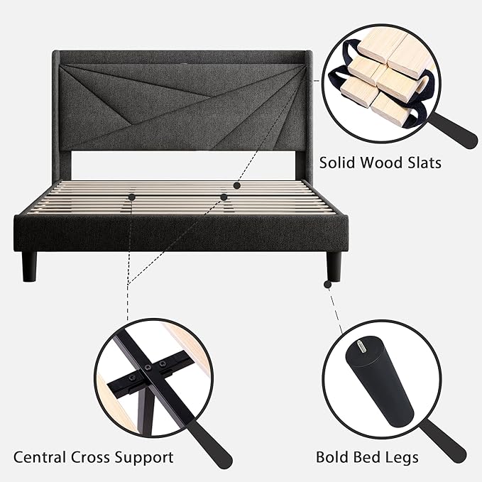 Feonase Queen Size Bed Frame with Charging Station, Linen Platform Bedframe with Wingback Storage Headboard, Solid Wood Slats Support, No Box Spring Needed, Noise Free, Dark Gray