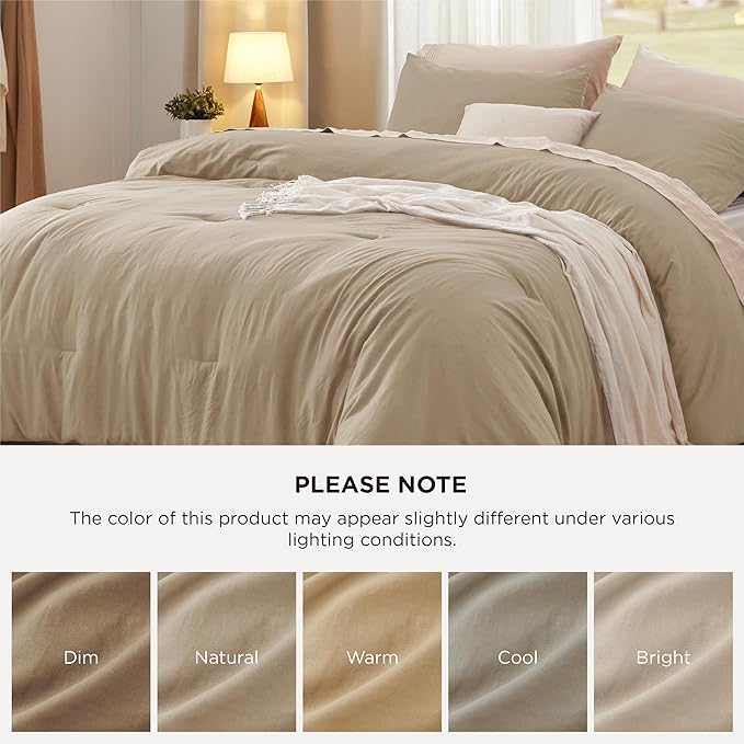 Bedsure California King Size Comforter Set, Khaki Soft Prewashed Bedding for All Seasons, 3 Pieces GentleSoft™ Down Alternative Bed Set, 1 Lightweight Comforter (104"x96") and 2 Pillowcases (20"x36")