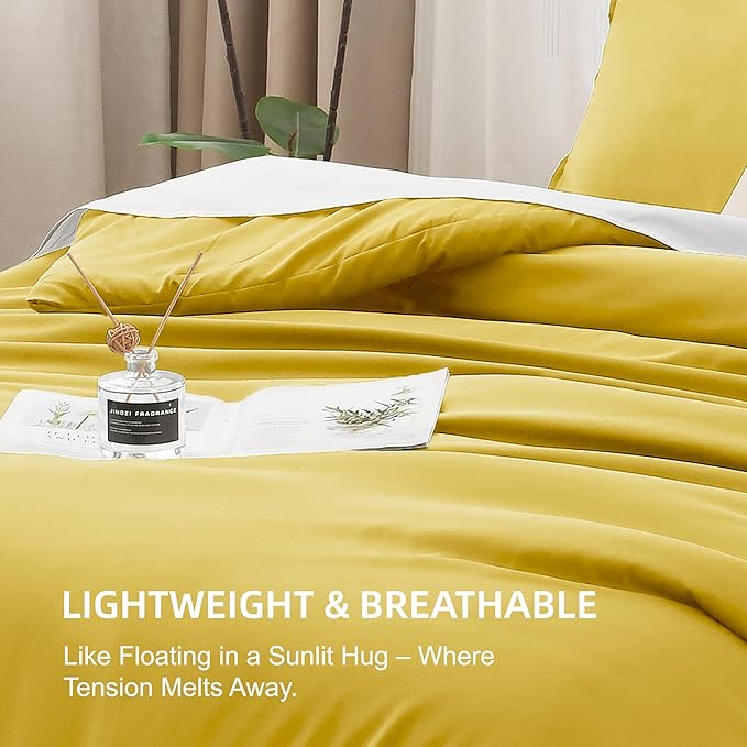 Litanika Comforter Set, Lightweight Solid Bedding Comforter Set, Fluffy Down Alternative Bed Set, Mustard Yellow, Queen