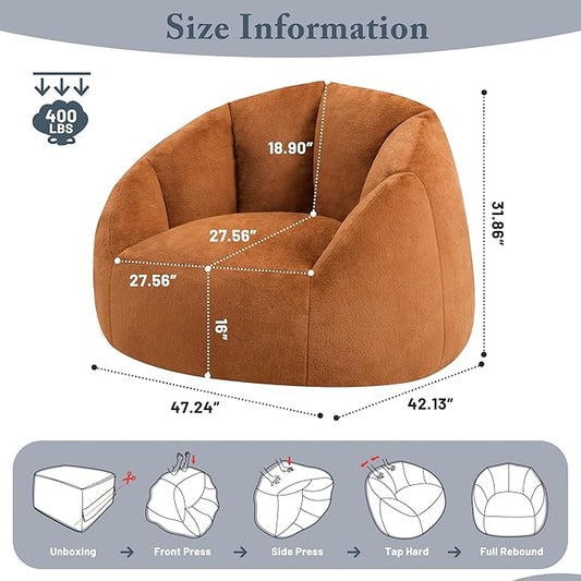 Giant Bean Bag Chair for Adults - Comfy Plush Round Shell Soft Accent Chair, Oversized Cozy Lounge Floor Sofa Reading Chair, Mini Couch for Living Room, Bedroom & Game Rooms, Dorm, Orange