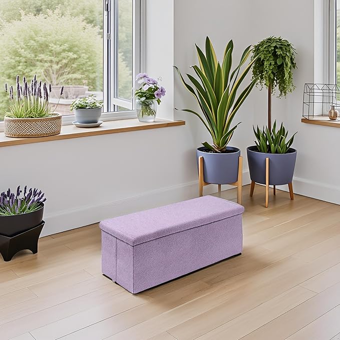 PINPLUS Folding Storage Ottoman Bench, Sherpa Ottoman with Storage, Large Long Shoes Bench Chest with Lid, Footrest for Living Room, Entryway, Purple 43'' x 15'' x 15''