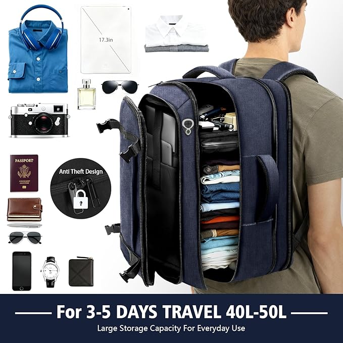 Travel Backpack,Expandable 40-50L Carry On Laptop Backpack with USB Cable Port Fits 17.3 Inch Laptop, Water Resistant Outdoor Travel Daypack for Men Women College Trips Weekend Adventures, Blue