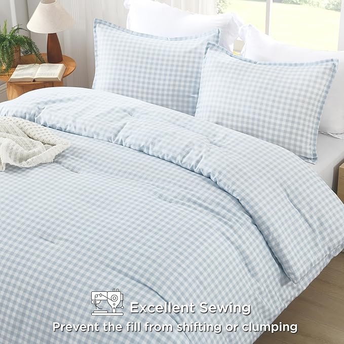 Andency Light Blue Gingham Comforter Set Twin(66x90Inch), Checkered Grid Plaid Buffalo Bed Set for Girls Boys Kids Teens, 2 Pieces Lightweight Microfiber Geometric Preppy Bedding