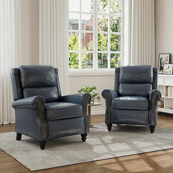 Faux Leather Recliner Chair, Modern Pushback Armchair with Adjustable Backrest & Footrest for Bedroom, Living Room - Dark Blue, Set of 2