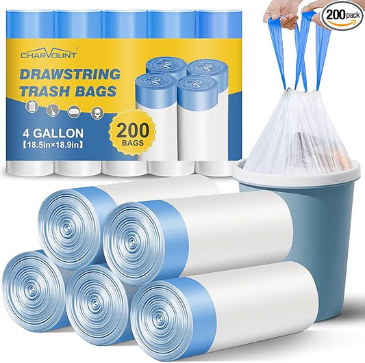 Charmount Small Trash Bags 4 Gallon, 200 Count Drawstring Mini Garbage Bags, Plastic Trash Can Liners for Bathroom Accessories, Bedroom, Dorm Room Essentials, Office