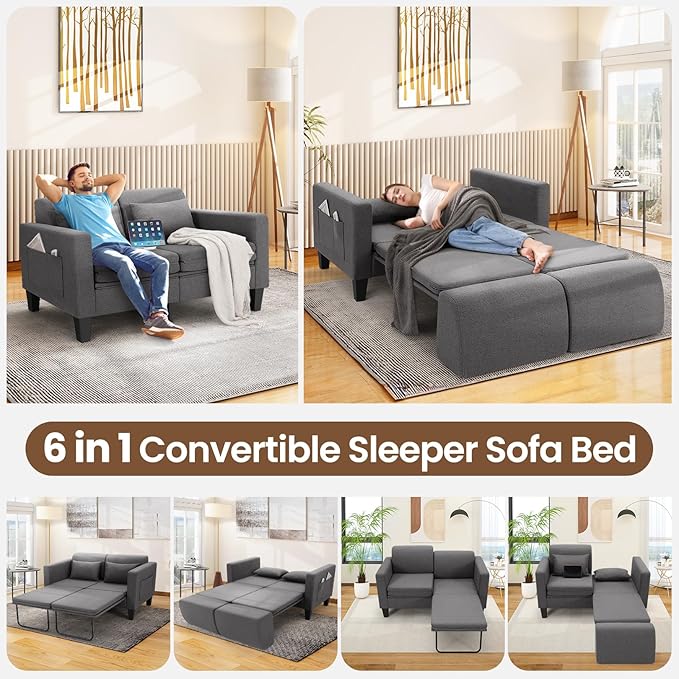 SEJOV 6-in-1 Convertible Sofa Bed, 58" Loveseat Sleeper Sofas with Pull Out Couch Bed, Removable Backrest, Storage Pockets and 2 Pillows, Modern Folding Linen Futon Couch for Small Spaces, Gray