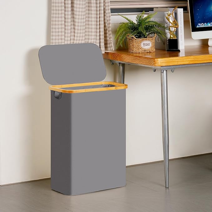 efluky Slim Laundry Basket with Lid, Narrow Laundry Hamper with Removable Bag, Skinny Dirty Clothes Basket with Bamboo Handles for Bathroom, Bedroom & Laundry Room, 65L Grey