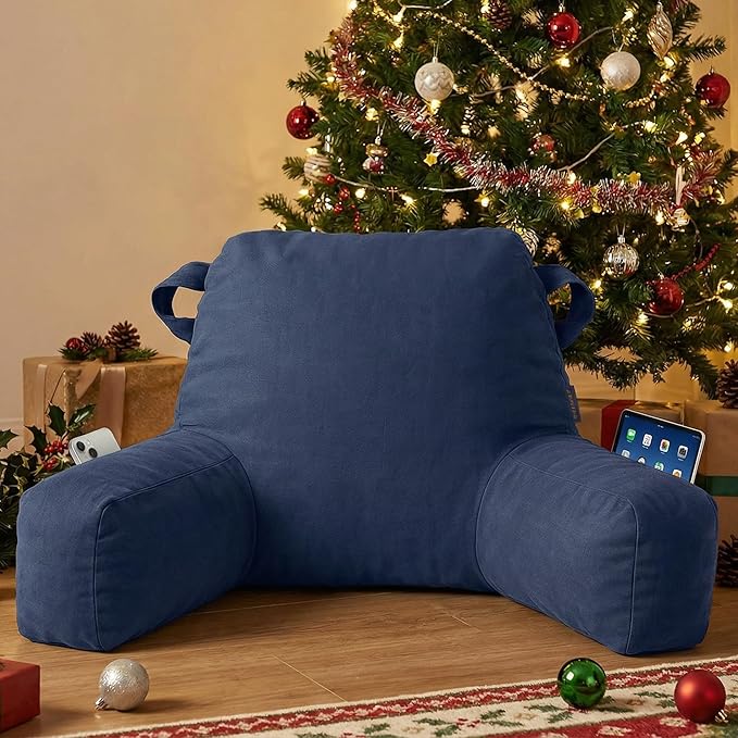 Portable Comfy Reading Pillows for Bed Sitting Up(Royal Blue Oeko-Tex), Velvet Back Pillow with Arms & Pockets for Adults, Support Memory Foam Bed Pillow for Dorm/Reading/Watching/Gaming
