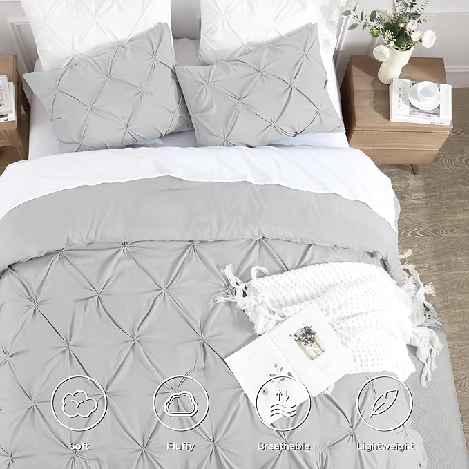 Andency Light Grey Queen Comforter Set, 3 Piece All Season Decorative Pintuck Bedding Comforter & Sets, Grey Soft Microfiber Lightweight Washable Bed Set for Queen Size Bed