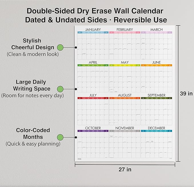 Dry Erase Wall Calendar 2026, 27×39 in — Double-Sided Yearly Planner (Dated & Undated), Reusable Write & Wipe, Large Wall Planner for Home, Office, Classroom — Rolled Poster.