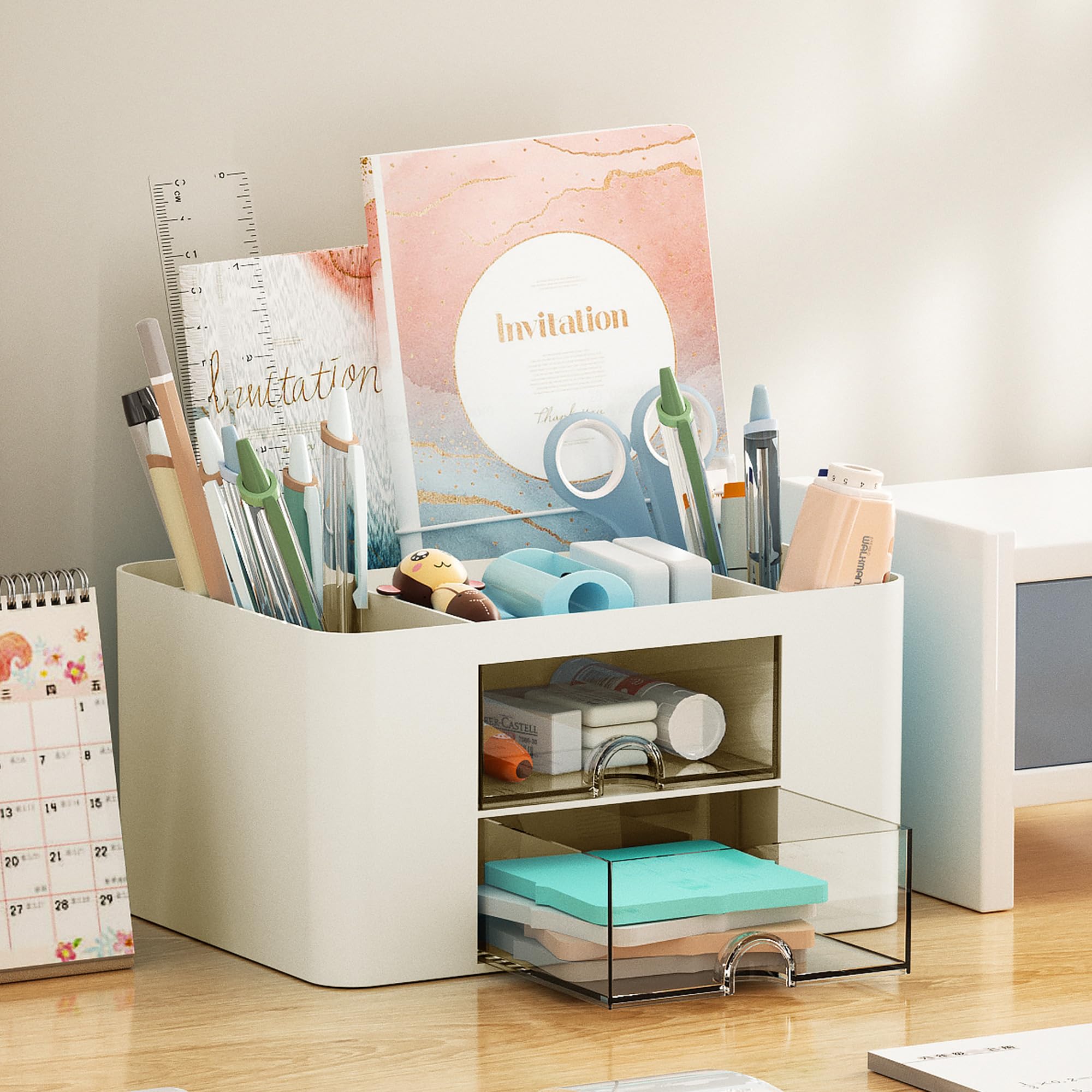 Marbrasse Pen Organizer with 2 Drawer, Multi-Functional Pencil Holder for Desk, Desk Organizers and Accessories with 5 Compartments + Drawer for Office Art Supplies (Blue) Dormly
