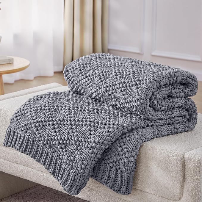 Knitted Weighted Blanket for Adult, Chunky Knit Weighted Throw for Sleep 60"*80" 20lbs, Cooling Breathable Machine Washable Heavy Blanket for Room Decor (Light Grey, Queen)
