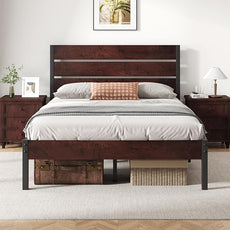 Full Bed Frame with Headboard and Footboard, with Under Bed Storage, All-Metal Support System, No Box Spring Needed, Easy Assembly, Red Brown