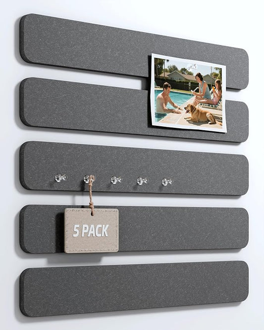 Cork Board Alternative Felt Strip Board 5-Pack 13"x2", Office Pin Board with 35 Push Pins, Adhesive Install for Bedroom Door & Home Office(Charcoal Gray)